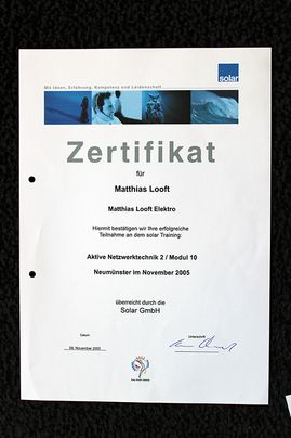 Jürgen Looft Elektromeister in Neumünster Zertifikat
