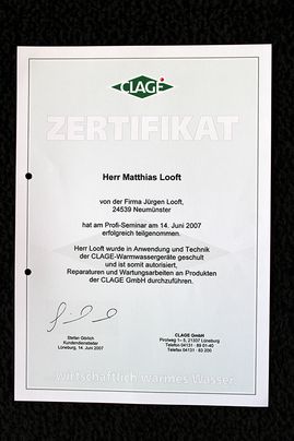 Jürgen Looft Elektromeister in Neumünster Zertifikat